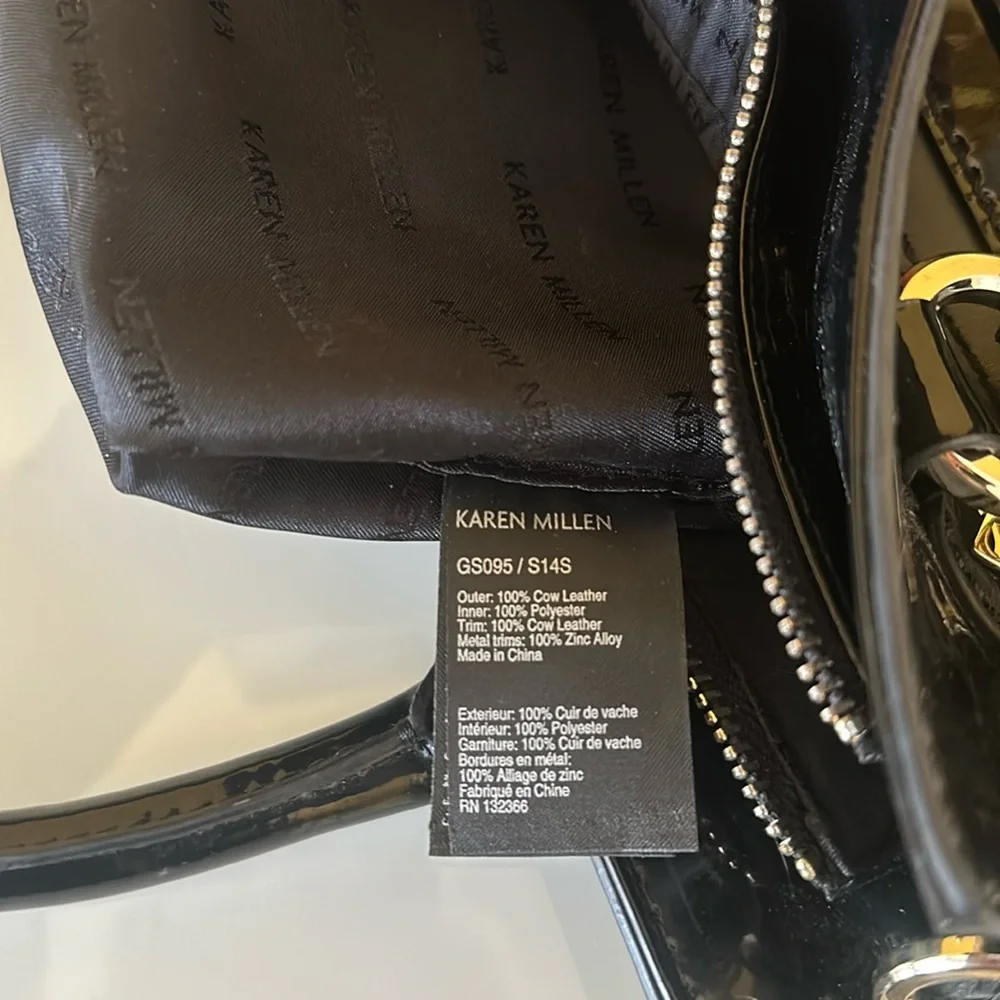 Karen Millen Black Patent Leather Structured Satchel Double Handle Tote Bag